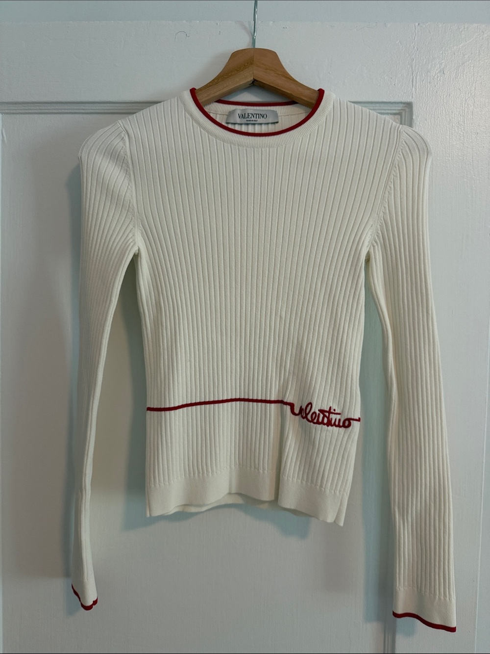 Valentino Cream Ribbed Long-Sleeve Top with Red Trim